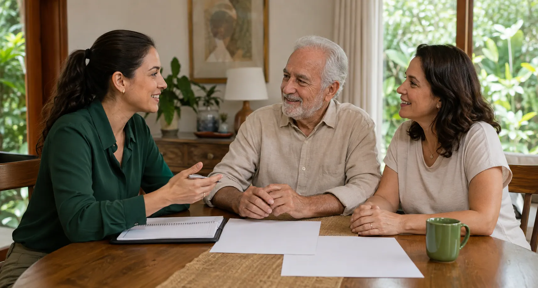 Três pessoas conversam em torno de uma mesa