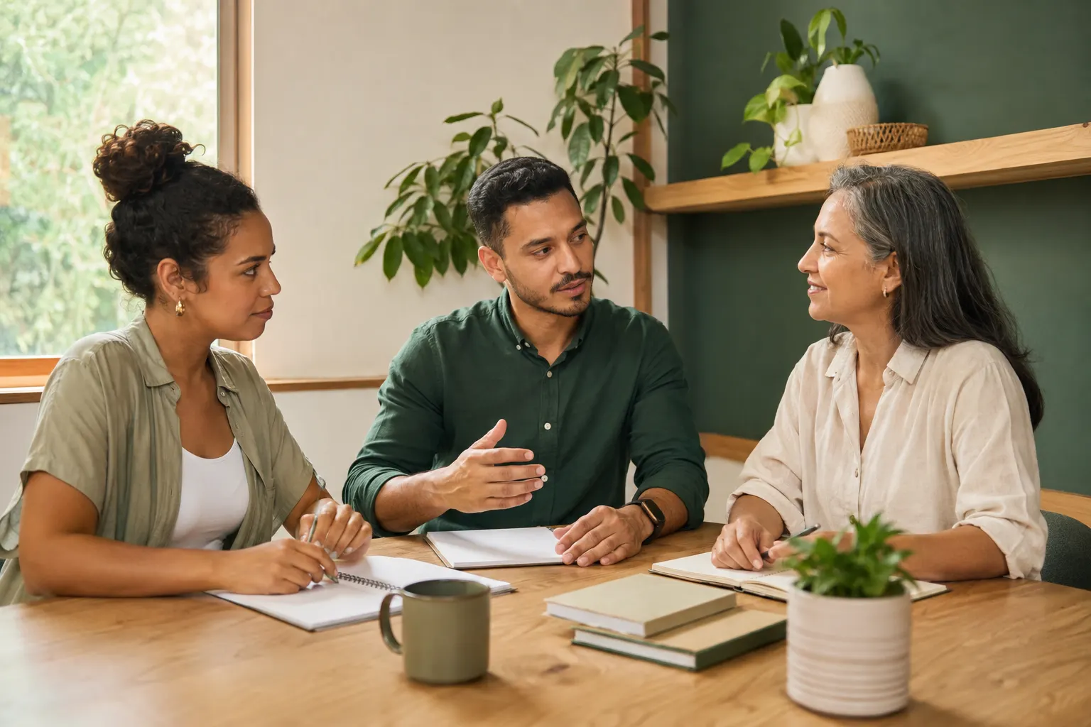 Três pessoas conversam ao redor de uma mesa